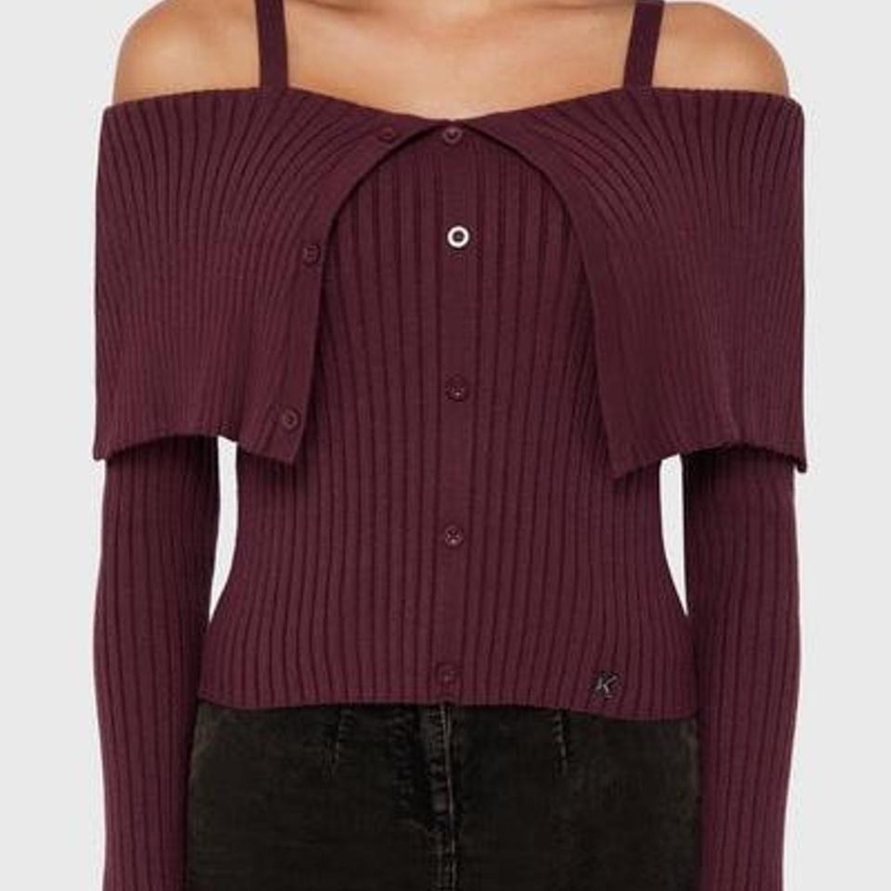 Killstar dusk empress Ribbed Cold Shoulder Layered Button Front Top Long Sleeve‎